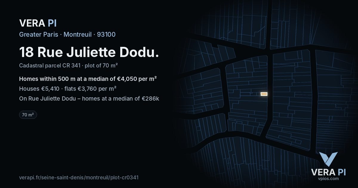 18 Rue Juliette Dodu, Montreuil at night – the plot lit, the parcels around coloured by the prices near them