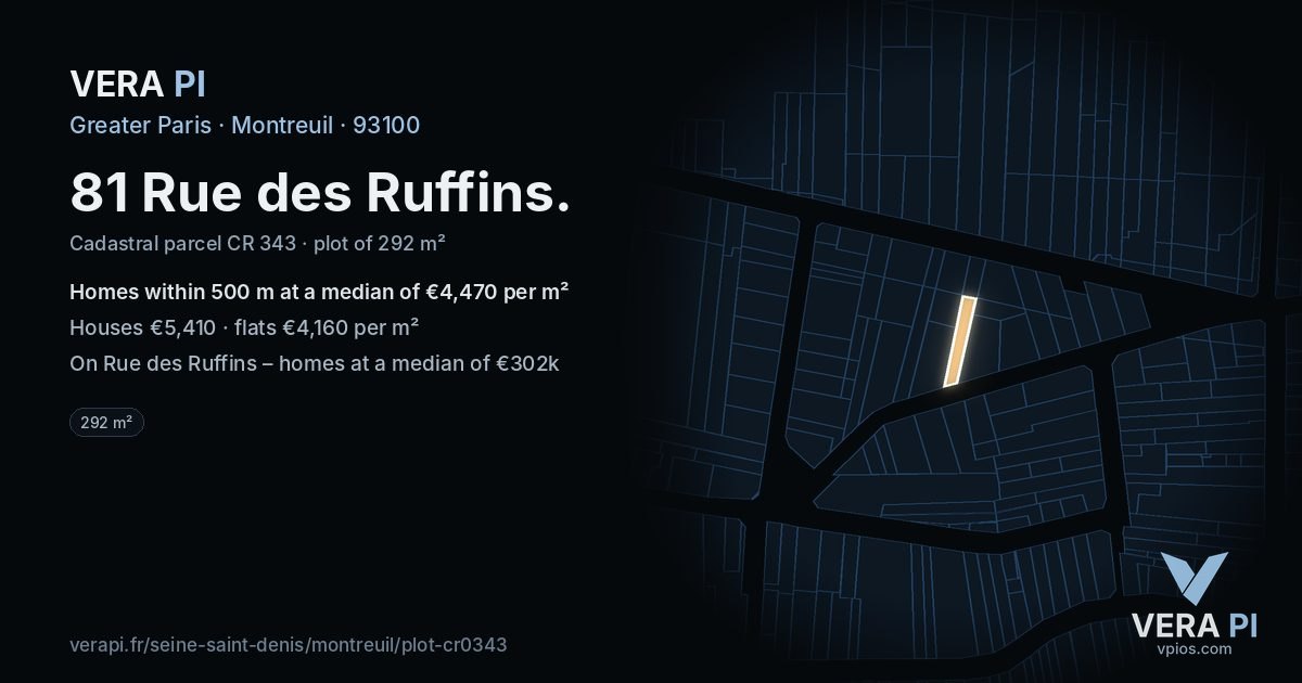 81 Rue des Ruffins, Montreuil at night – the plot lit, the parcels around coloured by the prices near them