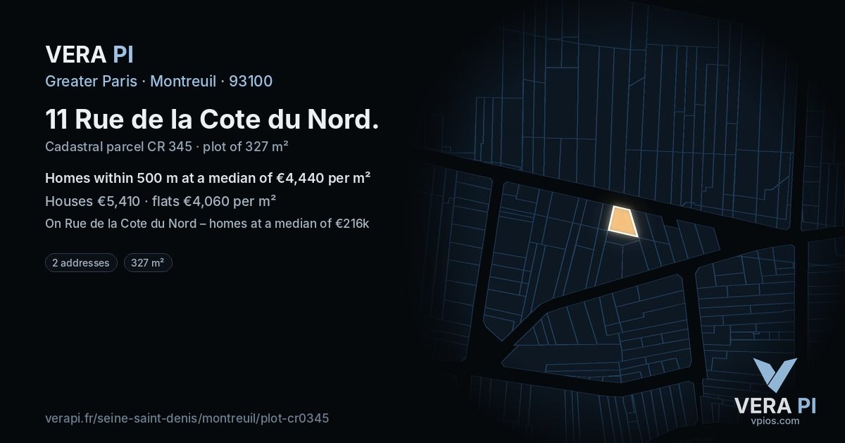 11 Rue de la Cote du Nord, Montreuil at night – the plot lit, the parcels around coloured by the prices near them