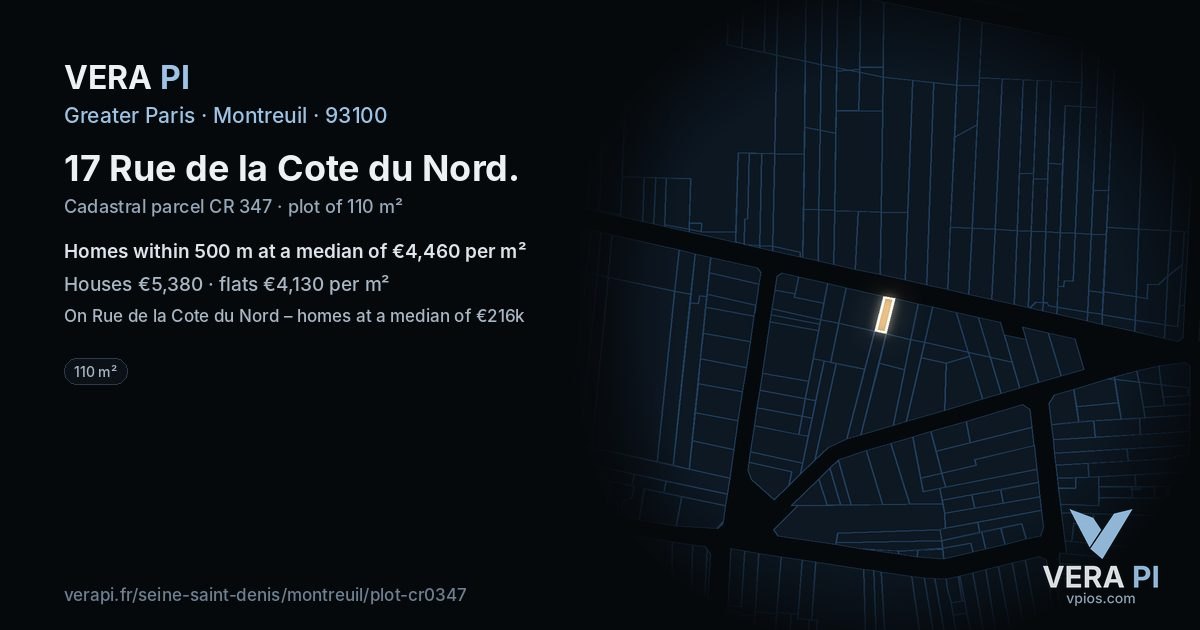 17 Rue de la Cote du Nord, Montreuil at night – the plot lit, the parcels around coloured by the prices near them