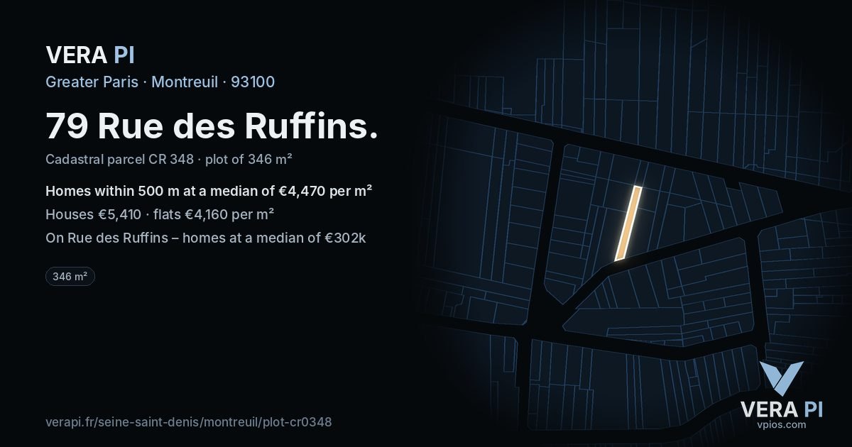 79 Rue des Ruffins, Montreuil at night – the plot lit, the parcels around coloured by the prices near them