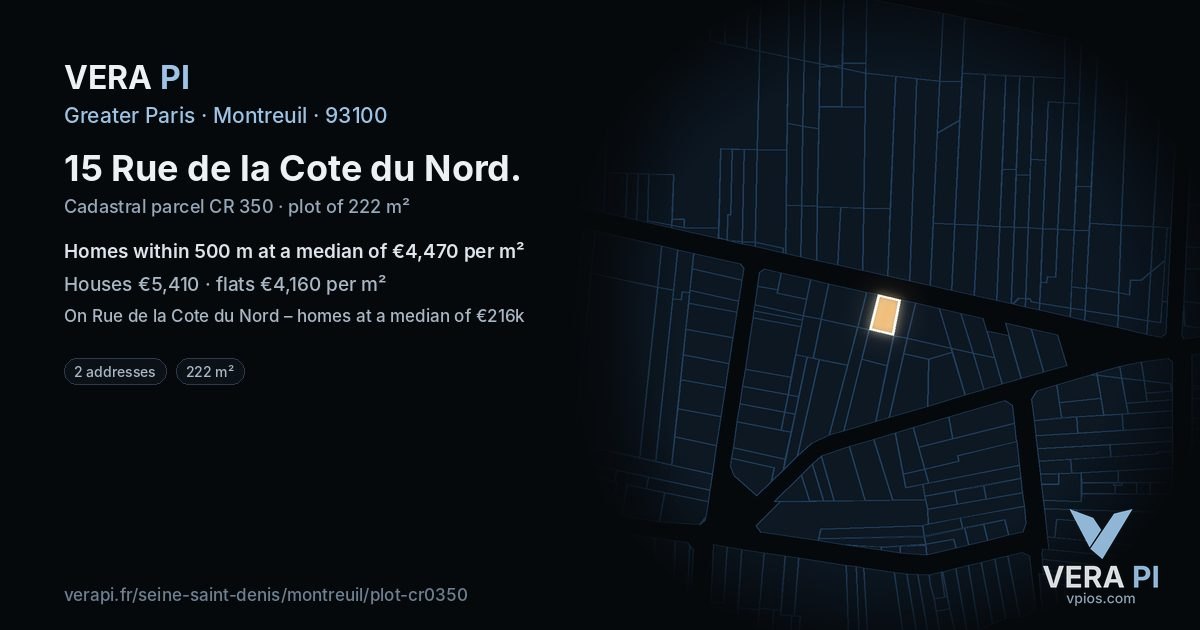 15 Rue de la Cote du Nord, Montreuil at night – the plot lit, the parcels around coloured by the prices near them