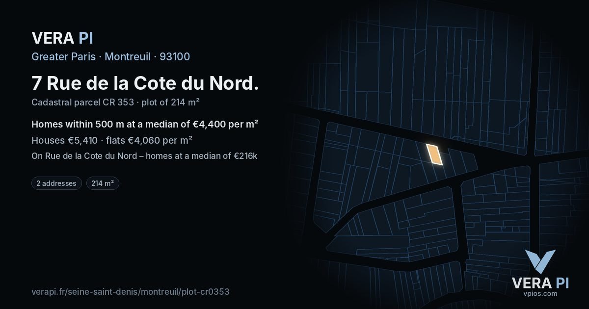 7 Rue de la Cote du Nord, Montreuil at night – the plot lit, the parcels around coloured by the prices near them