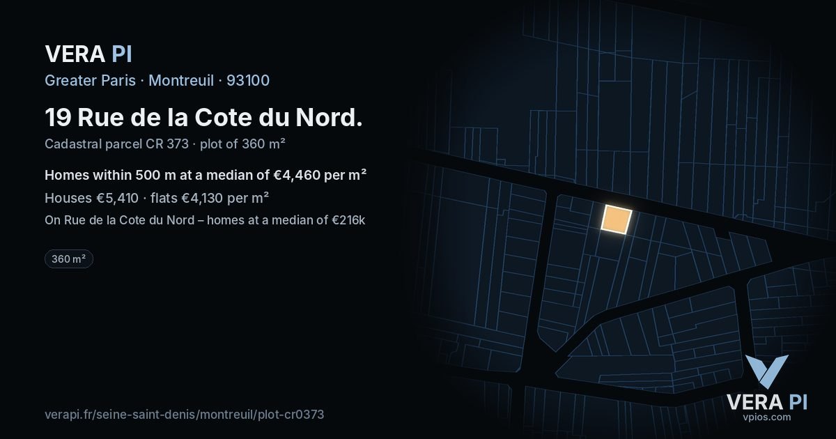 19 Rue de la Cote du Nord, Montreuil at night – the plot lit, the parcels around coloured by the prices near them