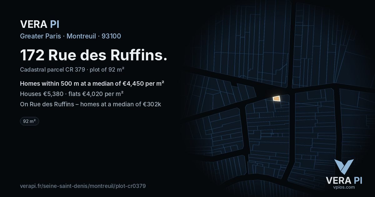 172 Rue des Ruffins, Montreuil at night – the plot lit, the parcels around coloured by the prices near them