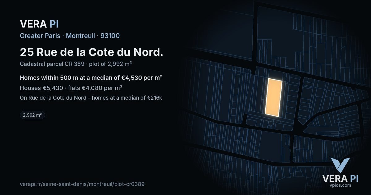 25 Rue de la Cote du Nord, Montreuil at night – the plot lit, the parcels around coloured by the prices near them