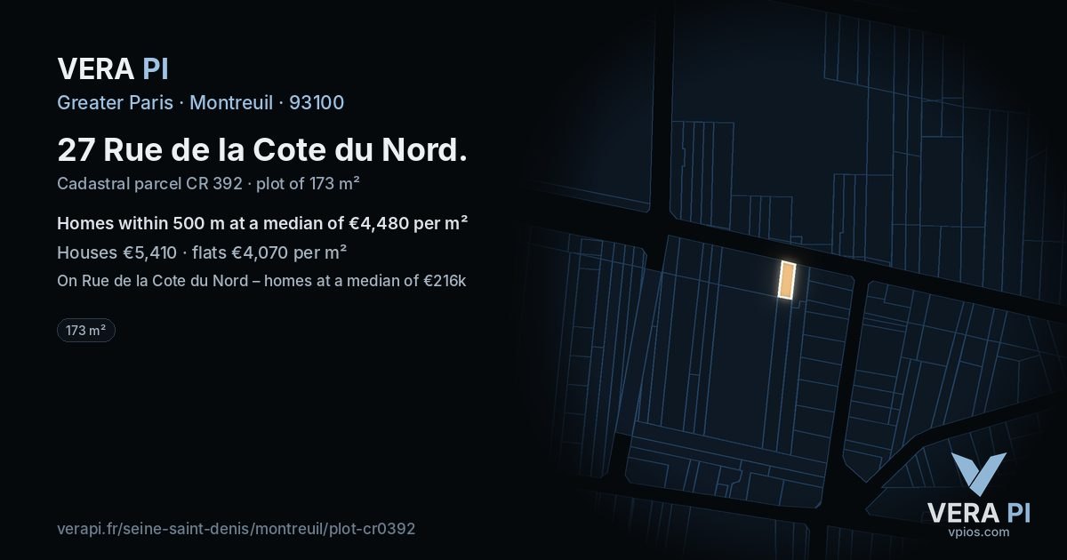27 Rue de la Cote du Nord, Montreuil at night – the plot lit, the parcels around coloured by the prices near them