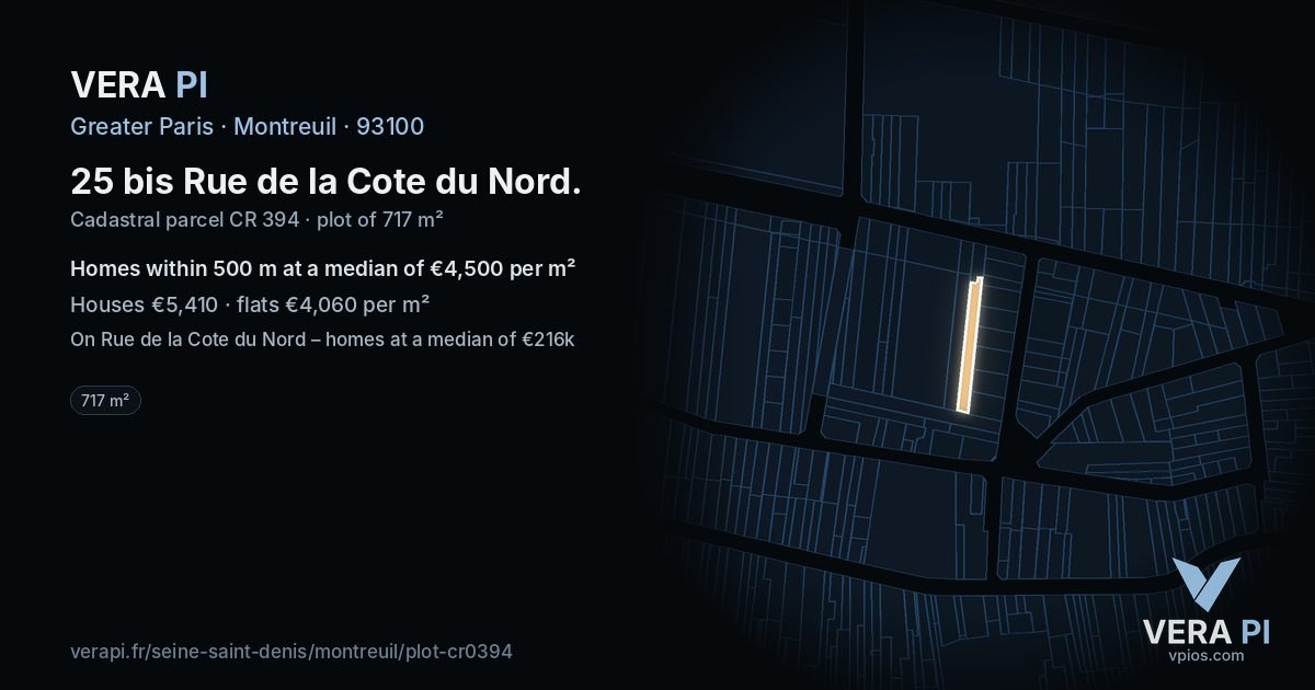 25 bis Rue de la Cote du Nord, Montreuil at night – the plot lit, the parcels around coloured by the prices near them