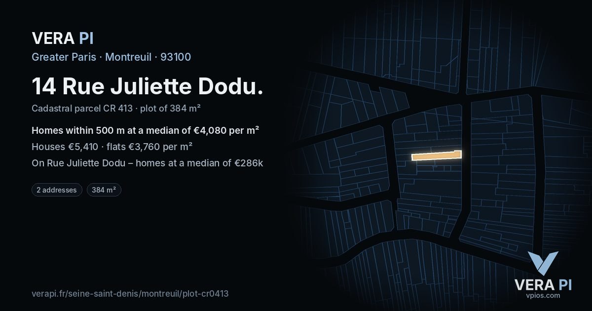 14 Rue Juliette Dodu, Montreuil at night – the plot lit, the parcels around coloured by the prices near them