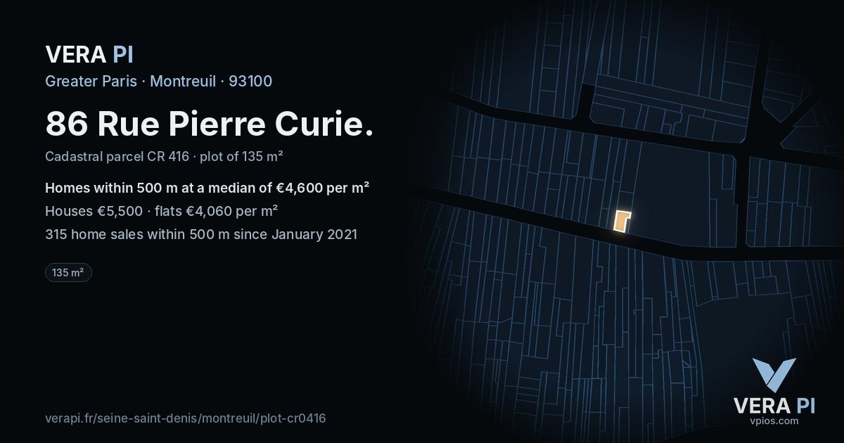 86 Rue Pierre Curie, Montreuil at night – the plot lit, the parcels around coloured by the prices near them
