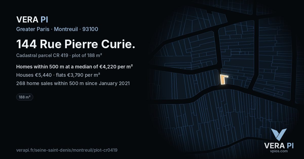 144 Rue Pierre Curie, Montreuil at night – the plot lit, the parcels around coloured by the prices near them