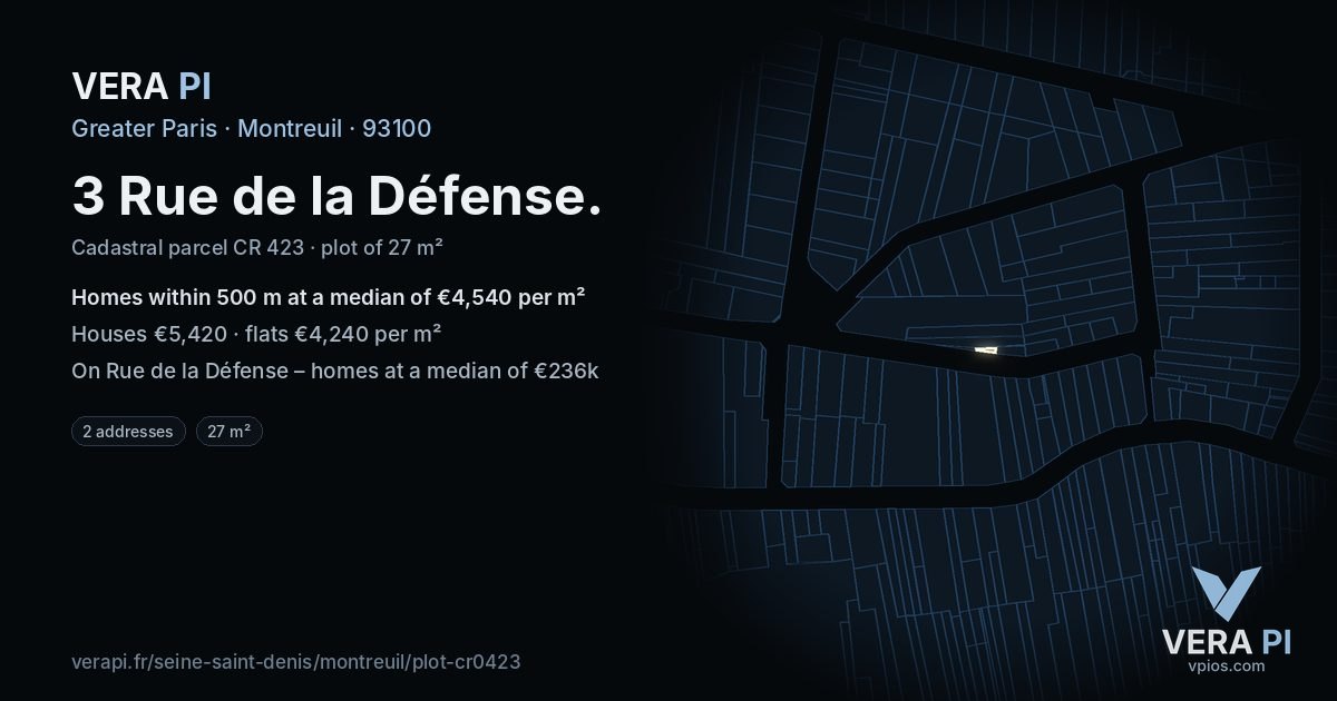 3 Rue de la Défense, Montreuil at night – the plot lit, the parcels around coloured by the prices near them