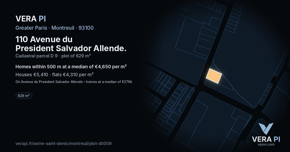 110 Avenue du President Salvador Allende, Montreuil at night – the plot lit, the parcels around coloured by the prices near them