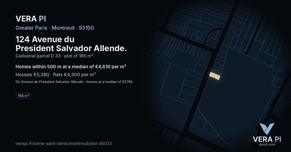 124 Avenue du President Salvador Allende, Montreuil at night – the plot lit, the parcels around coloured by the prices near them