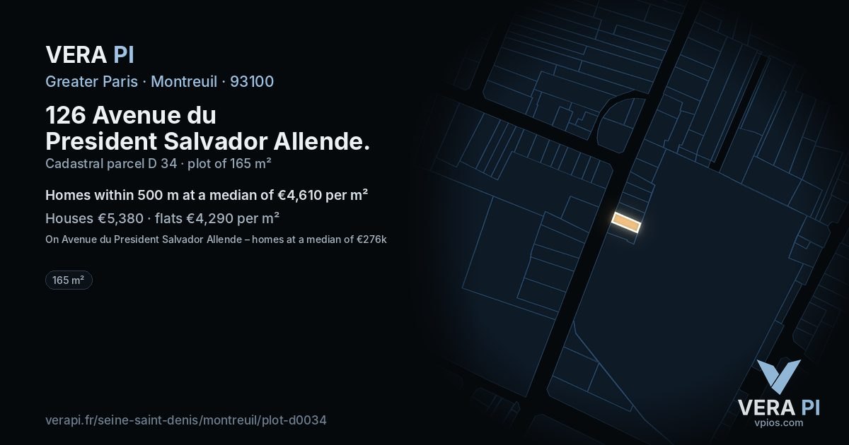 126 Avenue du President Salvador Allende, Montreuil at night – the plot lit, the parcels around coloured by the prices near them