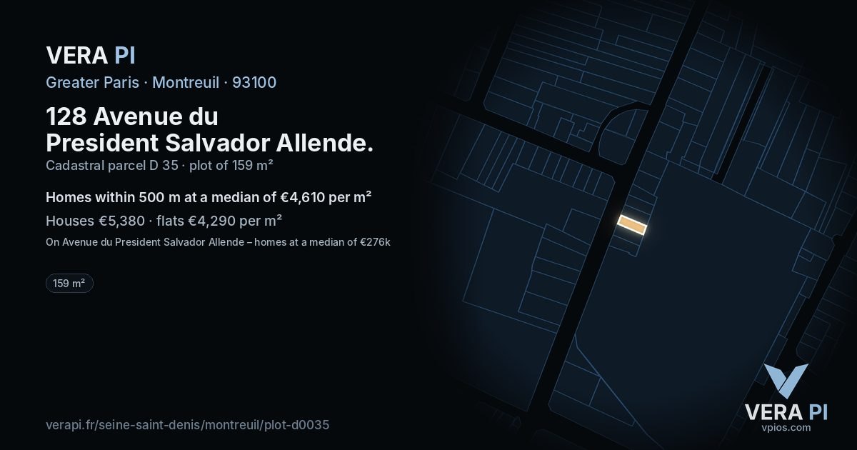 128 Avenue du President Salvador Allende, Montreuil at night – the plot lit, the parcels around coloured by the prices near them