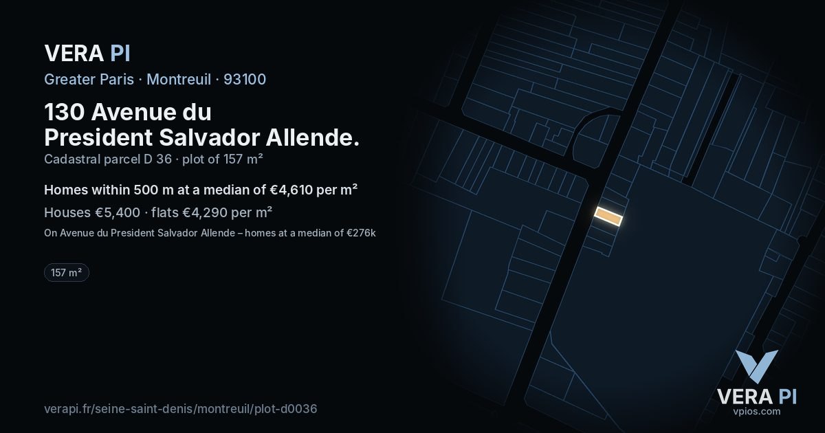 130 Avenue du President Salvador Allende, Montreuil at night – the plot lit, the parcels around coloured by the prices near them