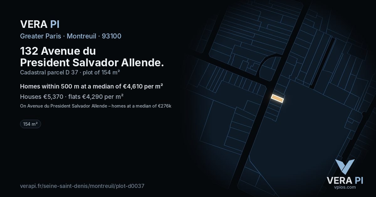 132 Avenue du President Salvador Allende, Montreuil at night – the plot lit, the parcels around coloured by the prices near them