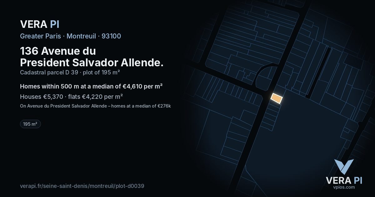 136 Avenue du President Salvador Allende, Montreuil at night – the plot lit, the parcels around coloured by the prices near them