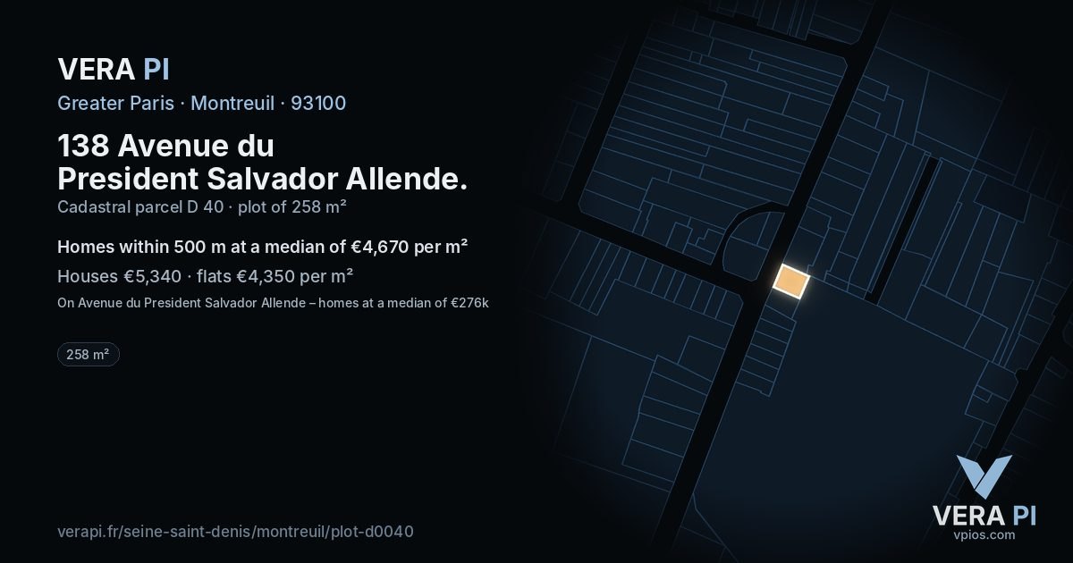 138 Avenue du President Salvador Allende, Montreuil at night – the plot lit, the parcels around coloured by the prices near them