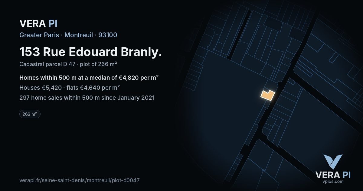 153 Rue Edouard Branly, Montreuil at night – the plot lit, the parcels around coloured by the prices near them