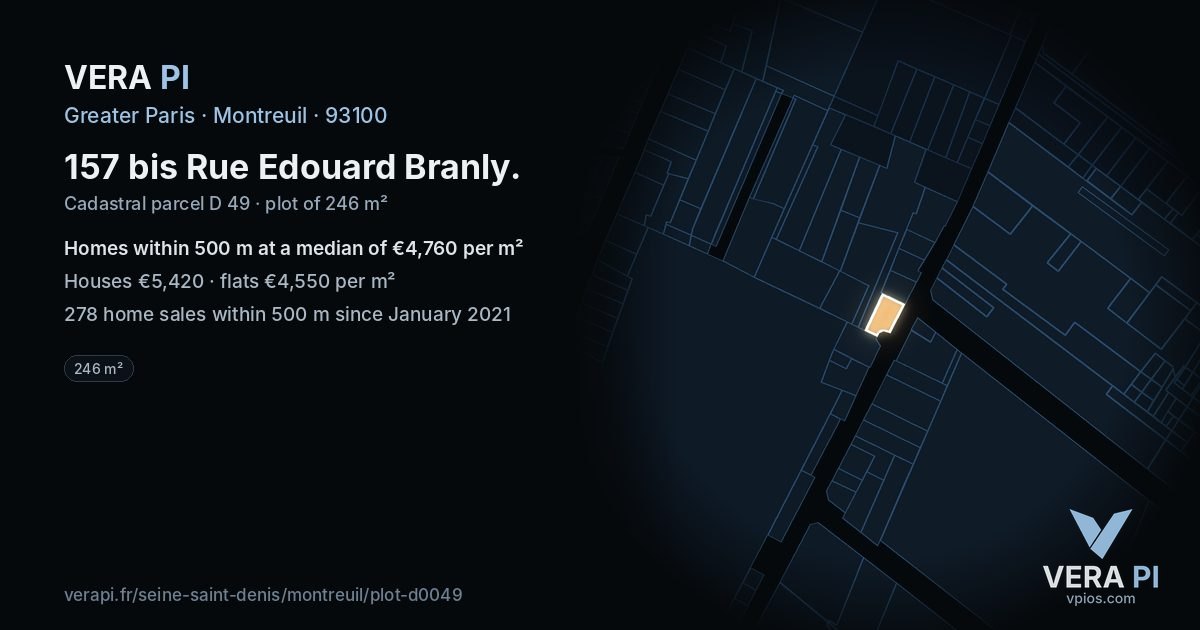 157 bis Rue Edouard Branly, Montreuil at night – the plot lit, the parcels around coloured by the prices near them