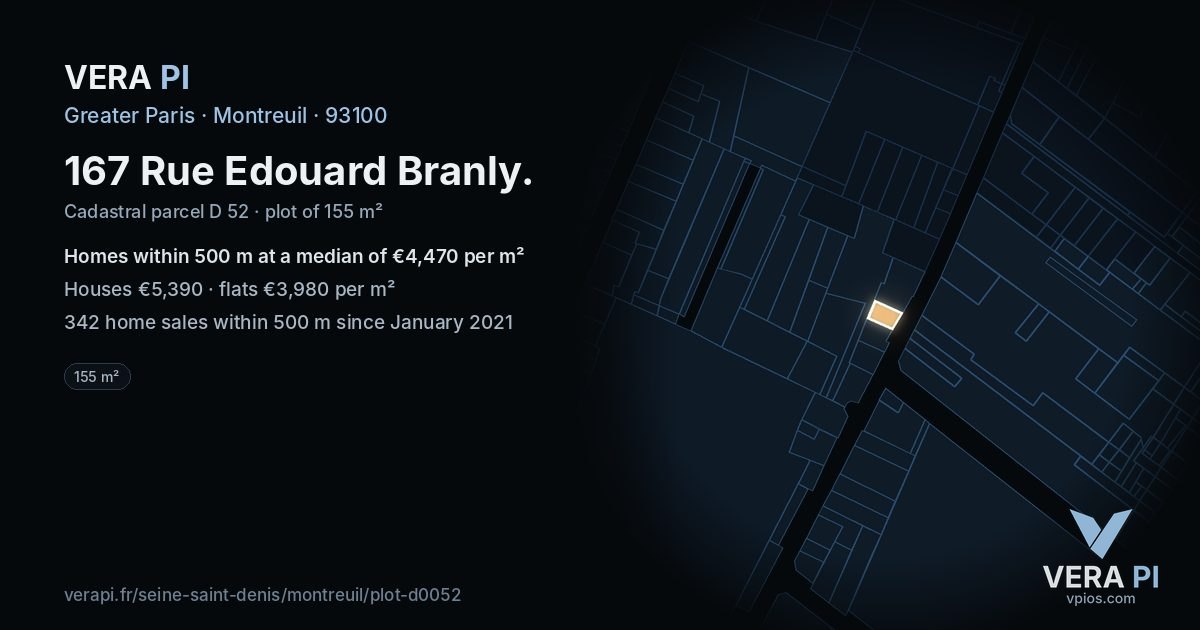 167 Rue Edouard Branly, Montreuil at night – the plot lit, the parcels around coloured by the prices near them