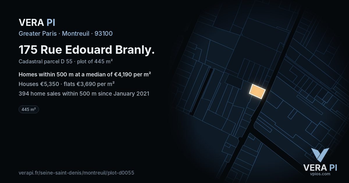175 Rue Edouard Branly, Montreuil at night – the plot lit, the parcels around coloured by the prices near them