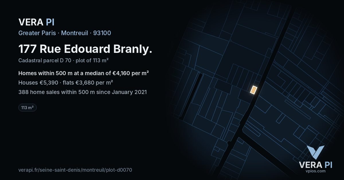 177 Rue Edouard Branly, Montreuil at night – the plot lit, the parcels around coloured by the prices near them