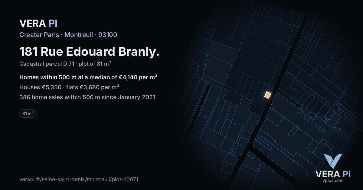 181 Rue Edouard Branly, Montreuil at night – the plot lit, the parcels around coloured by the prices near them