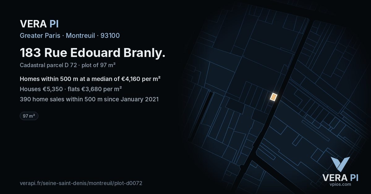 183 Rue Edouard Branly, Montreuil at night – the plot lit, the parcels around coloured by the prices near them