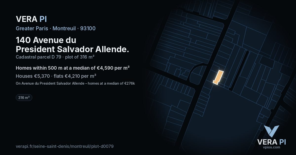 140 Avenue du President Salvador Allende, Montreuil at night – the plot lit, the parcels around coloured by the prices near them