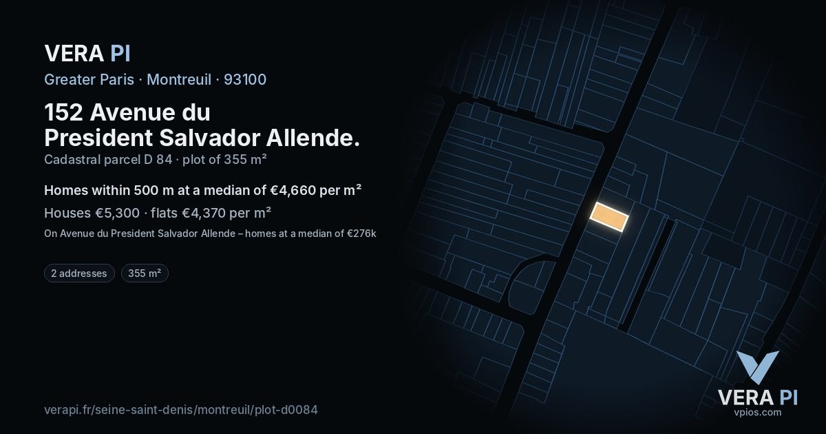 152 Avenue du President Salvador Allende, Montreuil at night – the plot lit, the parcels around coloured by the prices near them