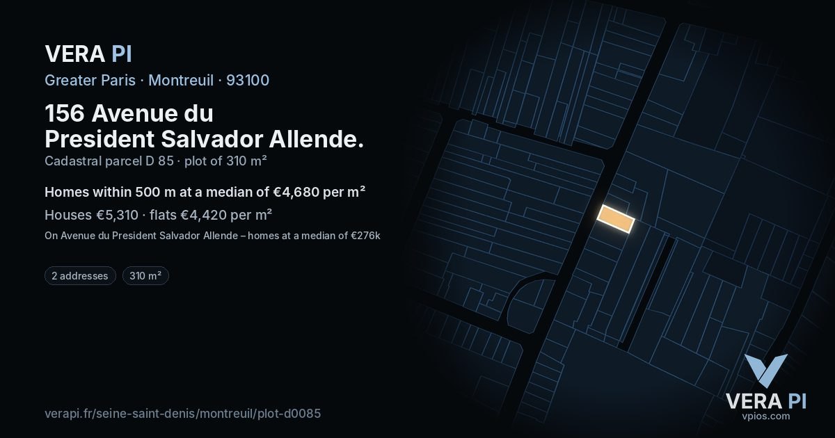 156 Avenue du President Salvador Allende, Montreuil at night – the plot lit, the parcels around coloured by the prices near them