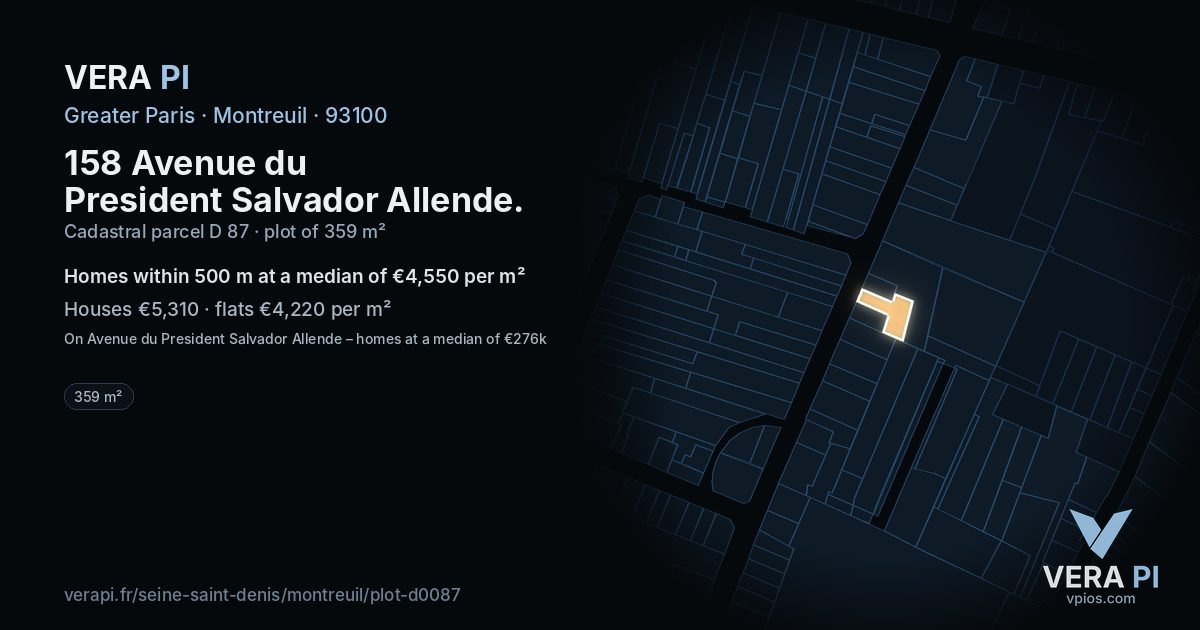 158 Avenue du President Salvador Allende, Montreuil at night – the plot lit, the parcels around coloured by the prices near them