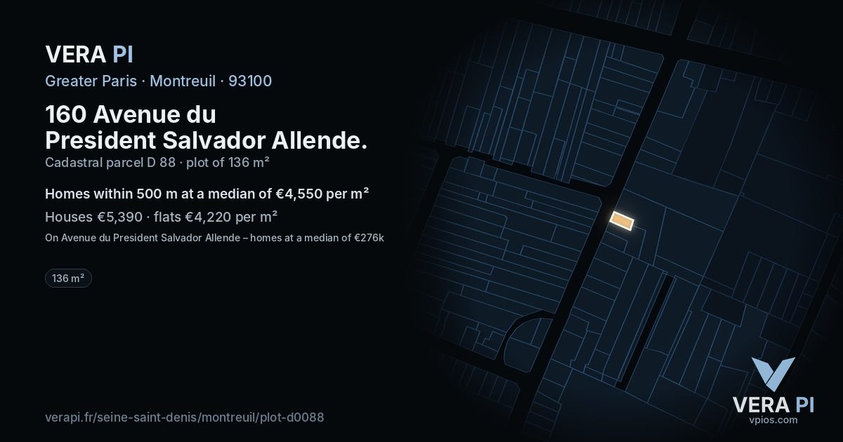 160 Avenue du President Salvador Allende, Montreuil at night – the plot lit, the parcels around coloured by the prices near them