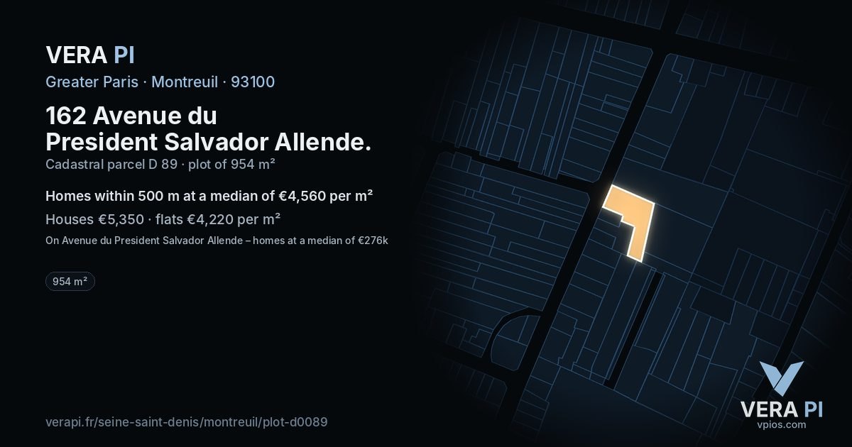 162 Avenue du President Salvador Allende, Montreuil at night – the plot lit, the parcels around coloured by the prices near them