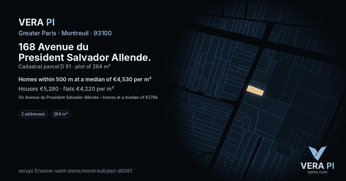 168 Avenue du President Salvador Allende, Montreuil at night – the plot lit, the parcels around coloured by the prices near them