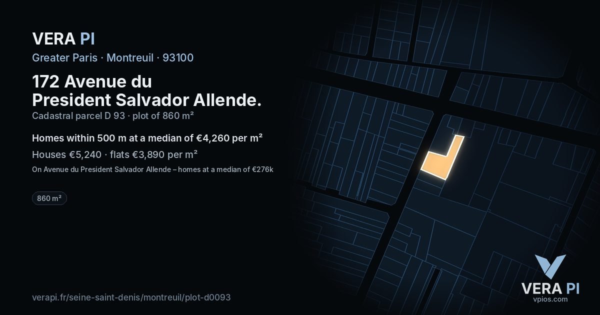 172 Avenue du President Salvador Allende, Montreuil at night – the plot lit, the parcels around coloured by the prices near them