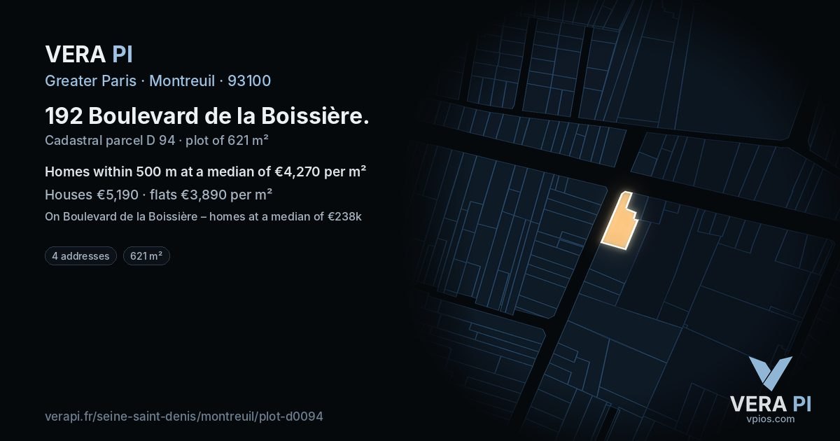 192 Boulevard de la Boissière, Montreuil at night – the plot lit, the parcels around coloured by the prices near them