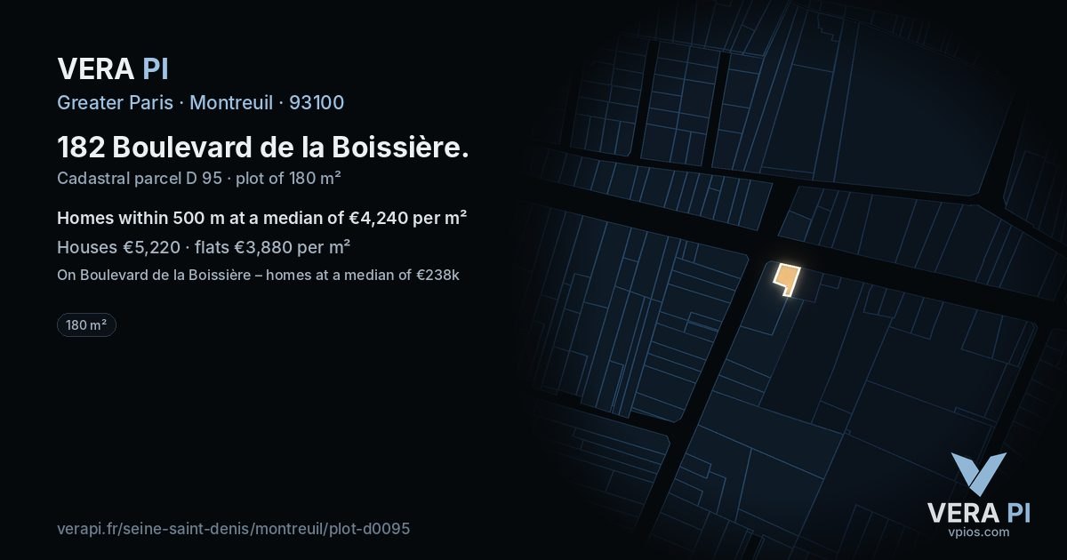 182 Boulevard de la Boissière, Montreuil at night – the plot lit, the parcels around coloured by the prices near them