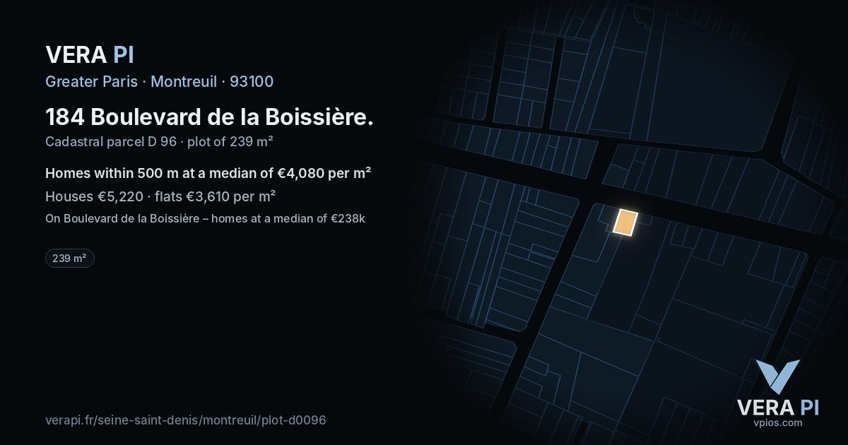 184 Boulevard de la Boissière, Montreuil at night – the plot lit, the parcels around coloured by the prices near them
