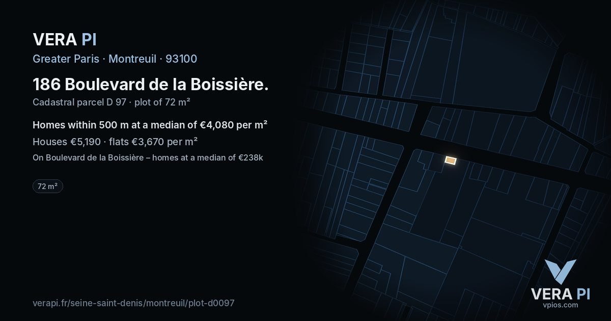 186 Boulevard de la Boissière, Montreuil at night – the plot lit, the parcels around coloured by the prices near them