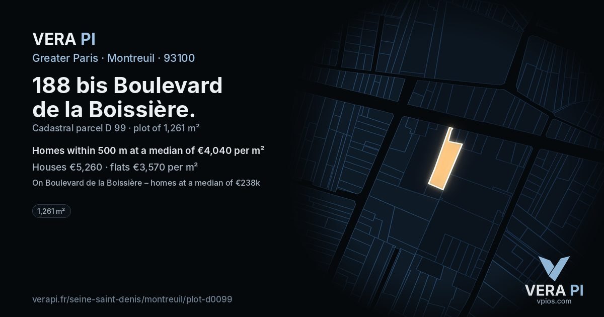 188 bis Boulevard de la Boissière, Montreuil at night – the plot lit, the parcels around coloured by the prices near them