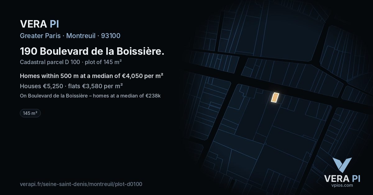 190 Boulevard de la Boissière, Montreuil at night – the plot lit, the parcels around coloured by the prices near them