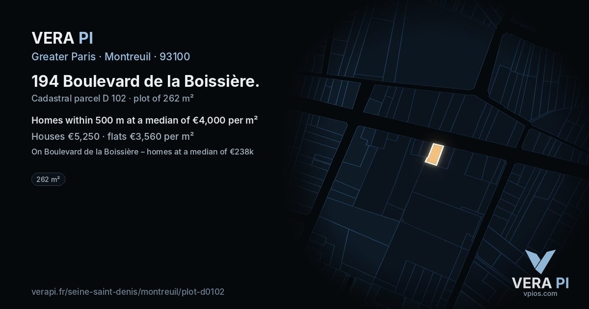194 Boulevard de la Boissière, Montreuil at night – the plot lit, the parcels around coloured by the prices near them