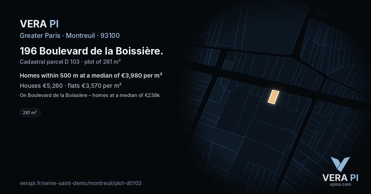 196 Boulevard de la Boissière, Montreuil at night – the plot lit, the parcels around coloured by the prices near them
