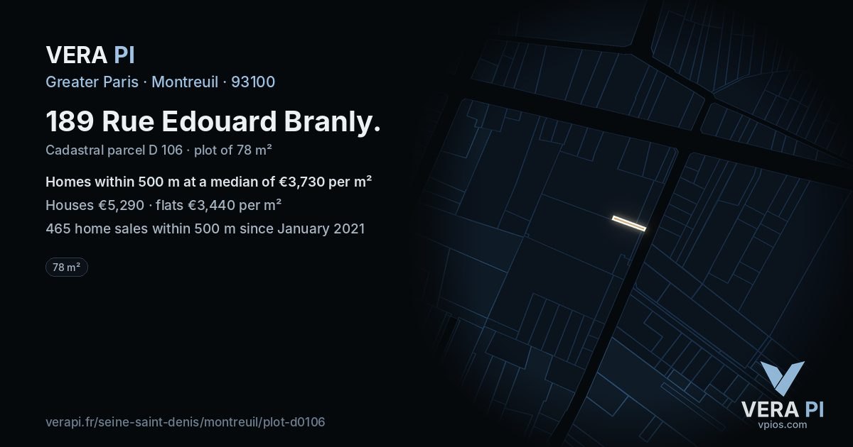 189 Rue Edouard Branly, Montreuil at night – the plot lit, the parcels around coloured by the prices near them