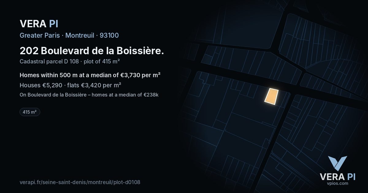 202 Boulevard de la Boissière, Montreuil at night – the plot lit, the parcels around coloured by the prices near them