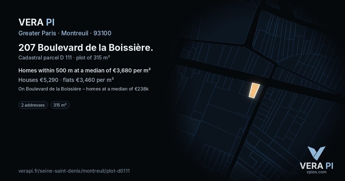 207 Boulevard de la Boissière, Montreuil at night – the plot lit, the parcels around coloured by the prices near them